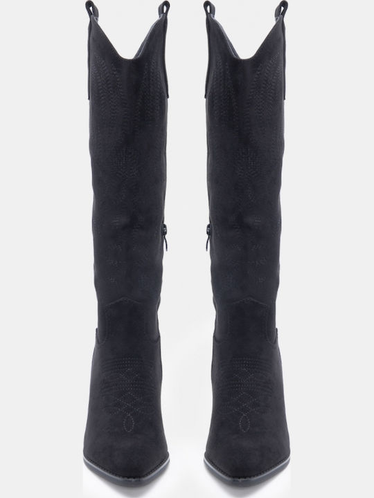 Suede Women's Cowboy Boots with Mid Heel Black