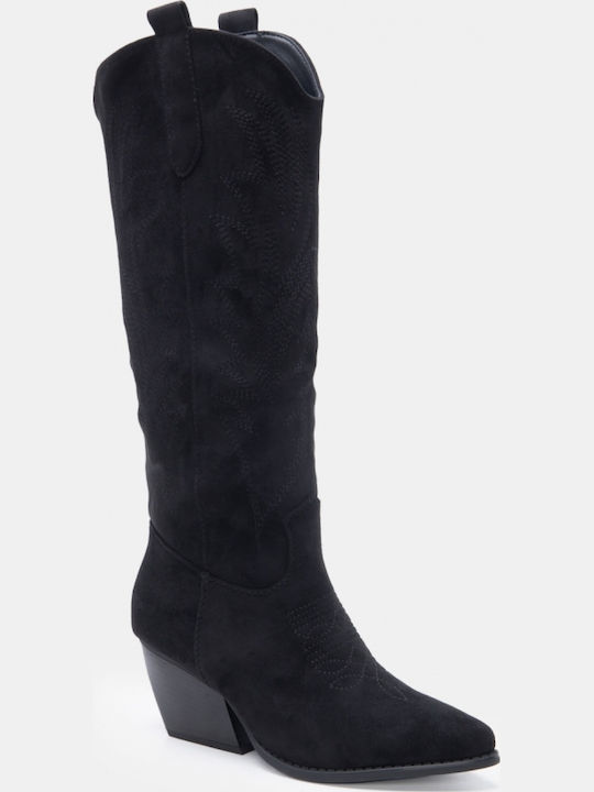 Suede Women's Cowboy Boots with Mid Heel Black
