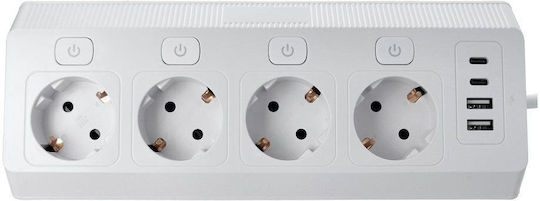 Power Strip 4 Sockets with 2 USB-A, USB-C and 2m Cable