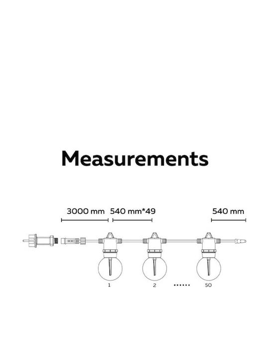 Calex Girlandă Luminoasă Etanșă LED IP44 30m cu 50 de Becuri Alb Cald