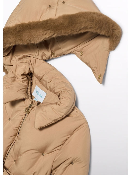 Kinderpelz Lang mit Kapuze Beige