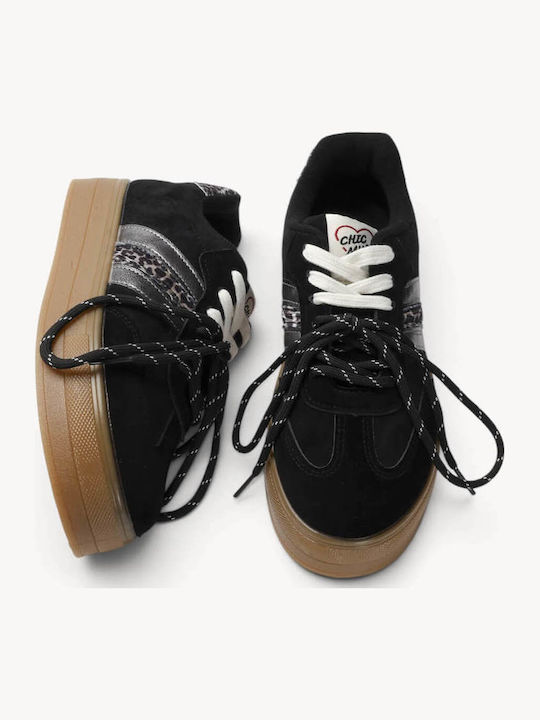 Schwarze Sneakers Print Details Doppelte Schnürsenkel