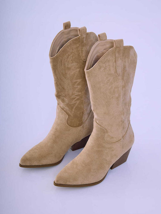 Celestino Women's Cowboy Boots Embossed Patterns Beige