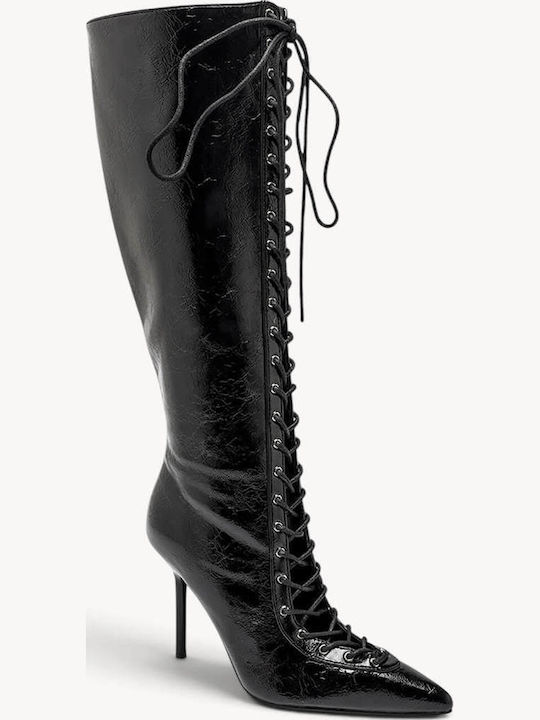 Schwarze Damenstiefel Mit Schnürung Vorne Stiletto Absatz