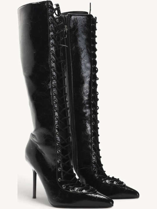 Schwarze Damenstiefel Mit Schnürung Vorne Stiletto Absatz