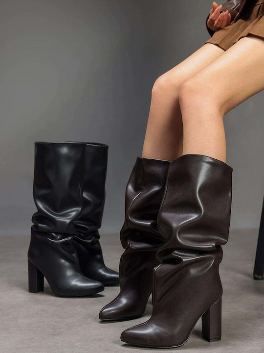 Braune Slouch Damenstiefel mit Falten und Hohem Absatz