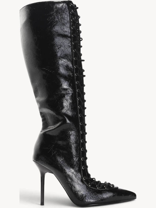 Schwarze Damenstiefel Mit Schnürung Vorne Stiletto Absatz