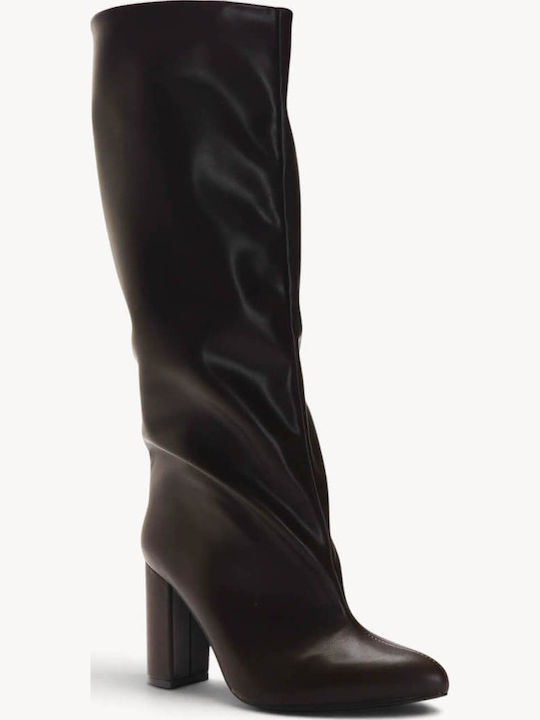 Braune Slouch Damenstiefel mit Falten und Hohem Absatz