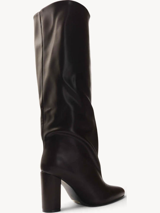 Braune Slouch Damenstiefel mit Falten und Hohem Absatz