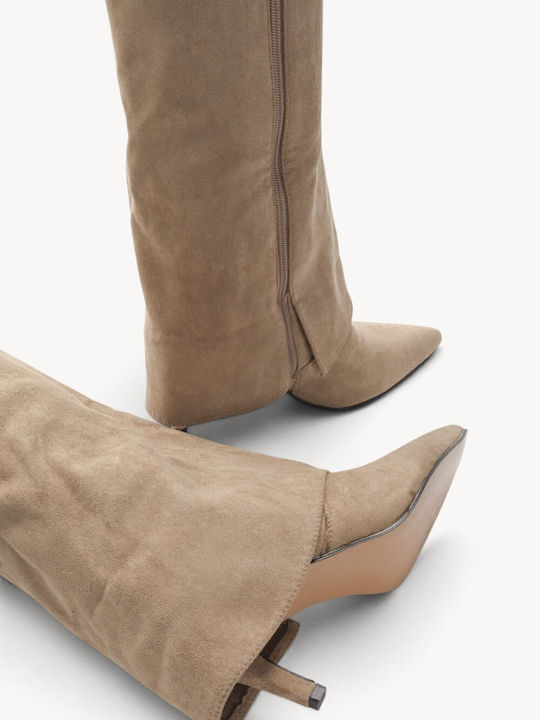 Μπεζ Suede Μπότες Minimal Cape Design Κ Kitten Heel