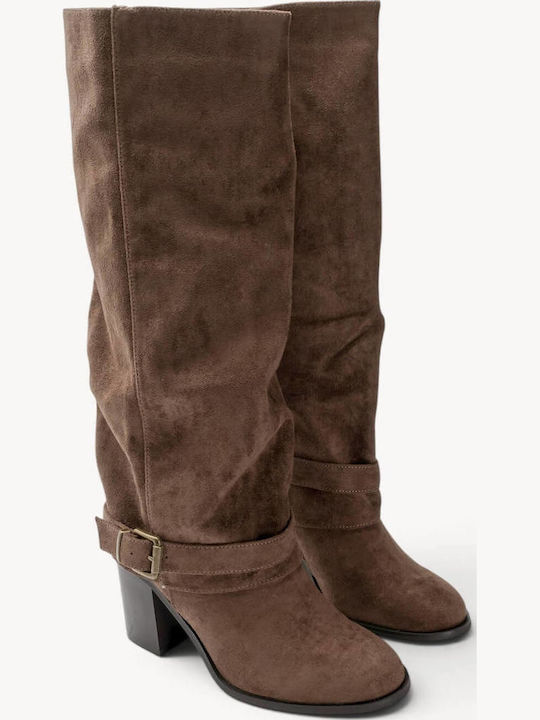 Beige Wildleder Damenstiefel mit Riemen Hochblockabsatz