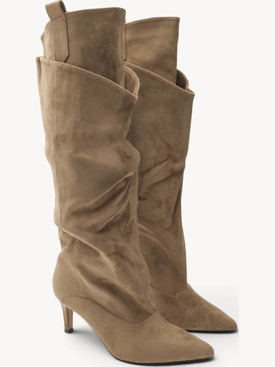 Μπεζ Μπότες Επικαλυπτόμενο Κορμό Μυτερή Γραμμή