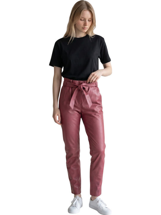 Women's Leather Trousers in Straight Leg Burgundy