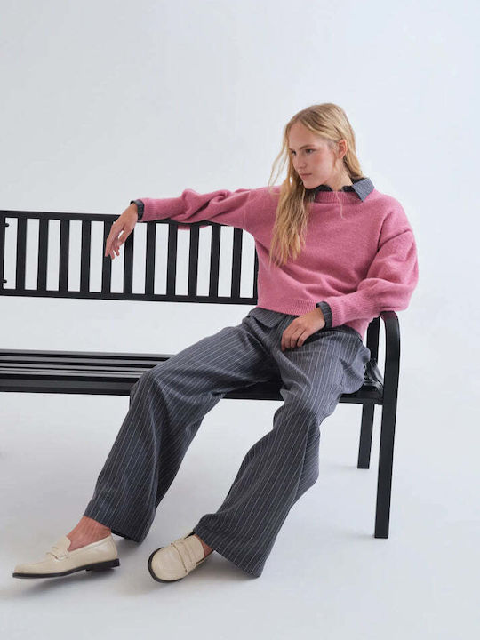Pantaloni Dama Cu Talie Înaltă Din Țesătură Cu Elastic În Croială Regular Gri