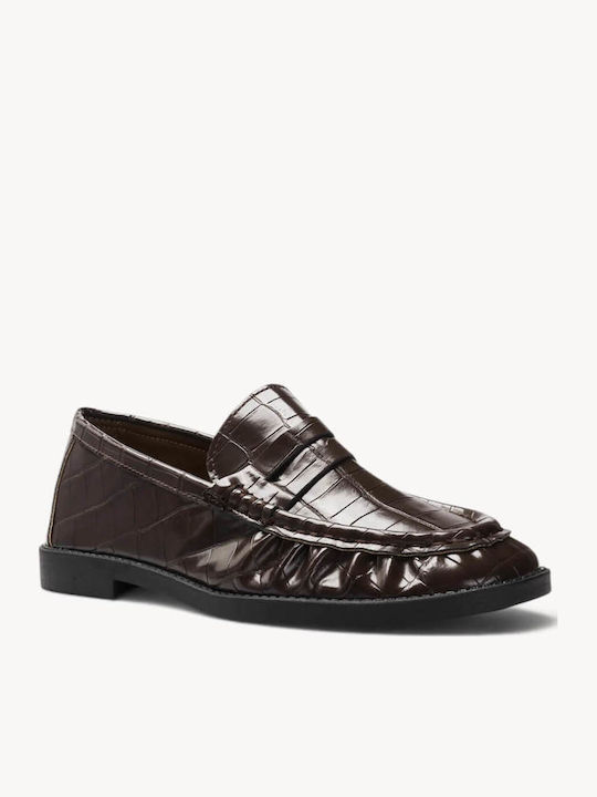 Mocasini Dama Loafers Croco Cu Textură Embosată Cusătură Moccasin Maro