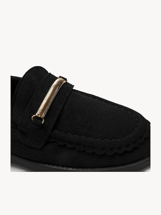 Black Moccasins Suede Texture Metallic Bar