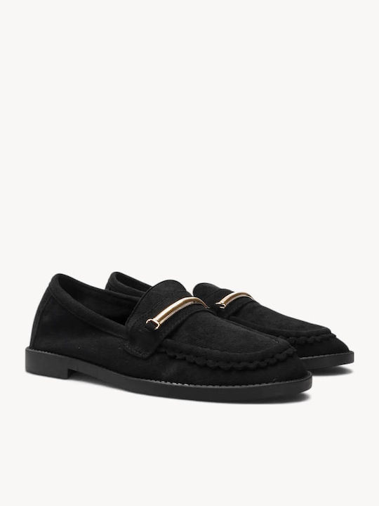 Black Moccasins Suede Texture Metallic Bar