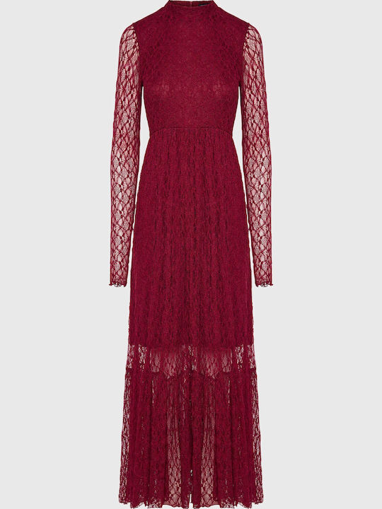Maxi Evening Shirt Dress with Lace Burgundy