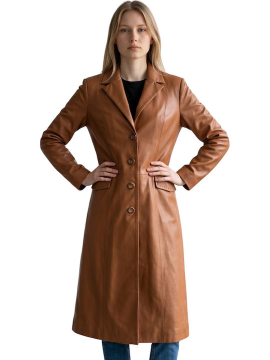 Leder Damenmäntel Tabac mit Knöpfen