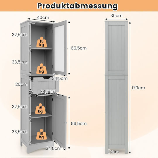 Costway Wall Hung Bathroom Column Cabinet W40xD30xH170cm Grey