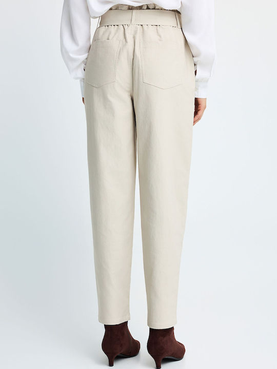 Women's High Rise Fabric Trousers in Paperbag Fit Beige