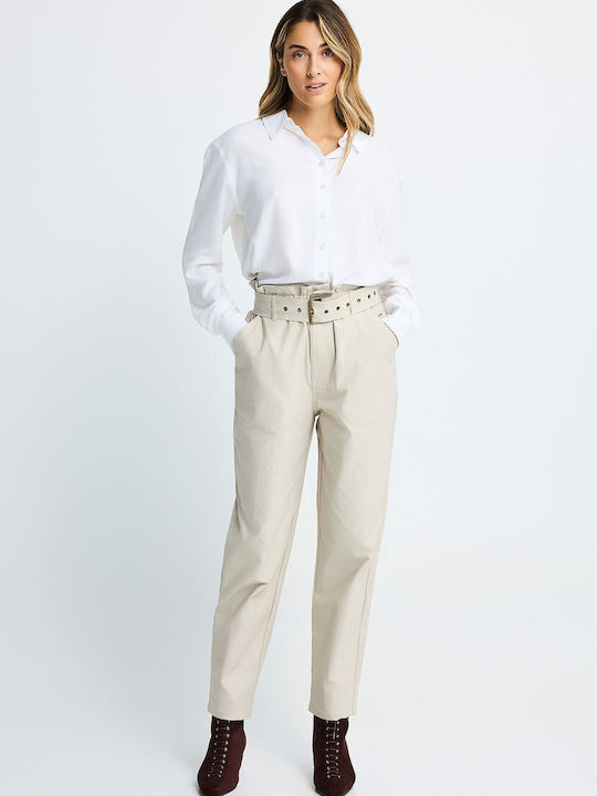 Women's High Rise Fabric Trousers in Paperbag Fit Beige