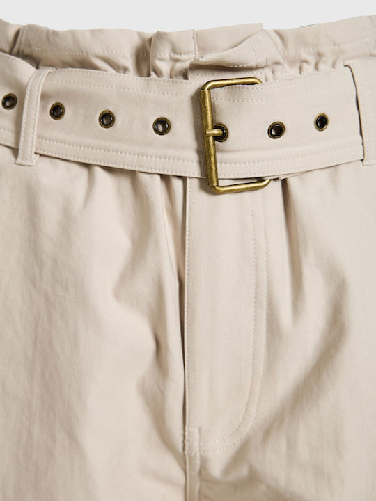 Women's High Rise Fabric Trousers in Paperbag Fit Beige