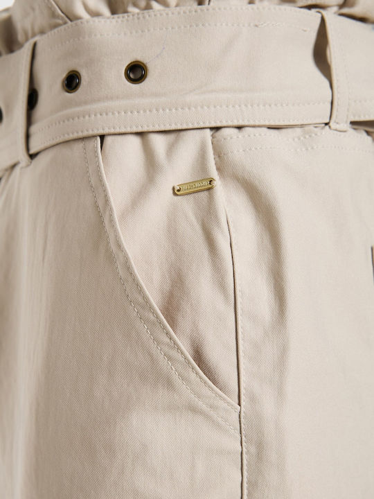 Women's High Rise Fabric Trousers in Paperbag Fit Beige