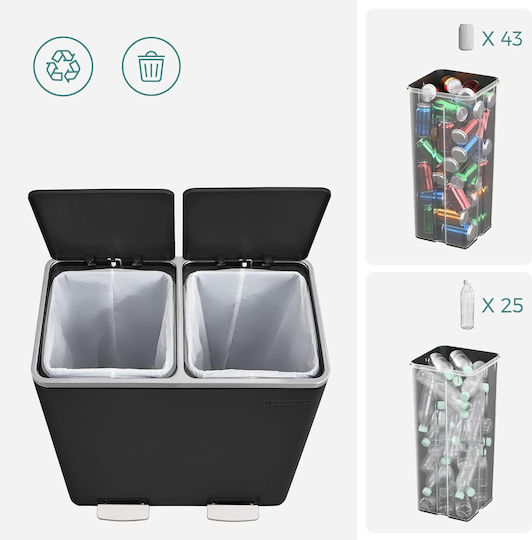 Songmics Coș de Reciclare din Oțel Inoxidabil cu Pedală Negru