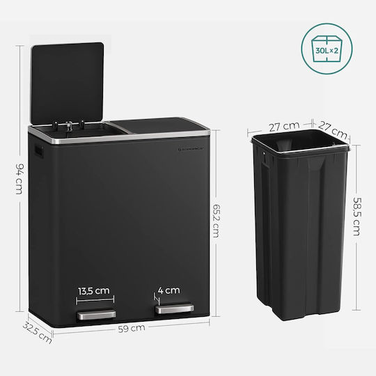 Songmics Coș de Reciclare din Oțel Inoxidabil cu Pedală Negru
