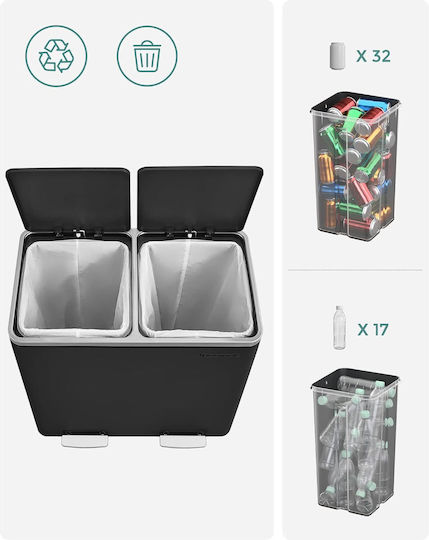Songmics Coș de Reciclare din Oțel Inoxidabil cu Pedală 48lt Negru
