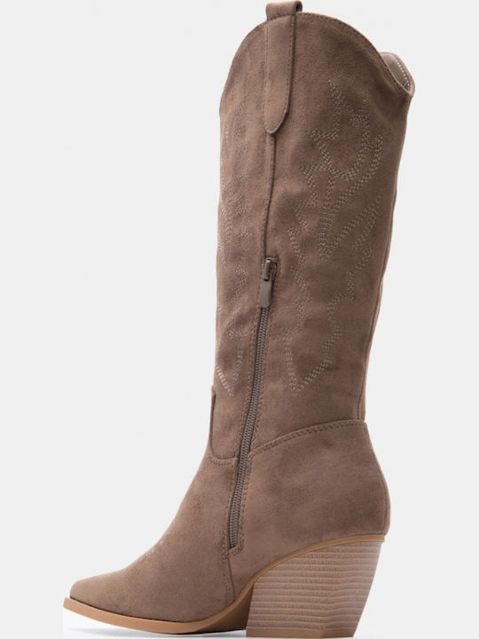 Damenstiefel Cowboy mit Wildleder Über dem Knie mit Absatzhöhe Mittelbraun