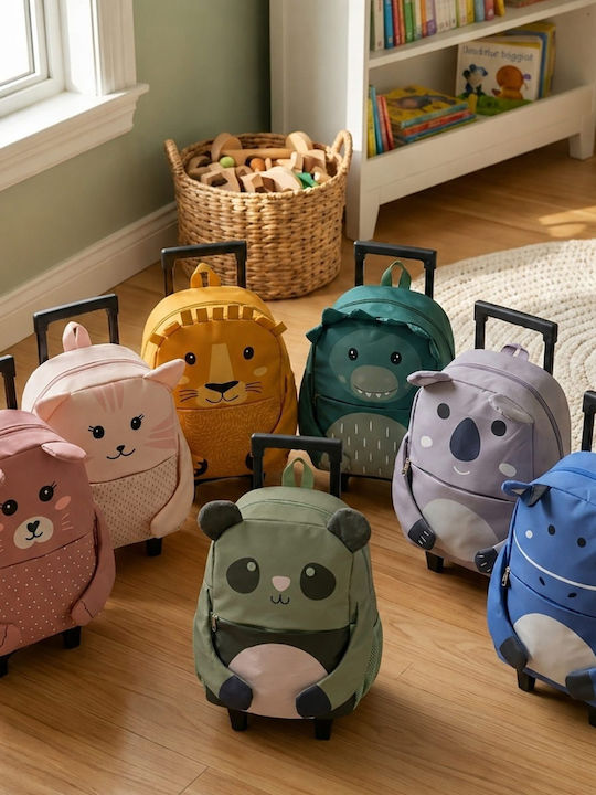 abo Born To Be Pandastic School Trolley Bag Kindergarten With Water Bottle Holder Green 26 x 12 x 35cm