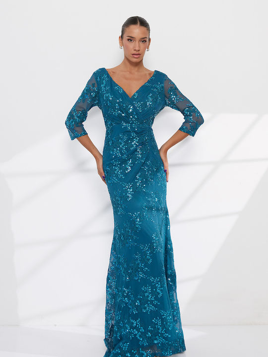 Rochie de Vară Maxi de Seară Rochie-cămașă Satin cu Dantelă Petrol