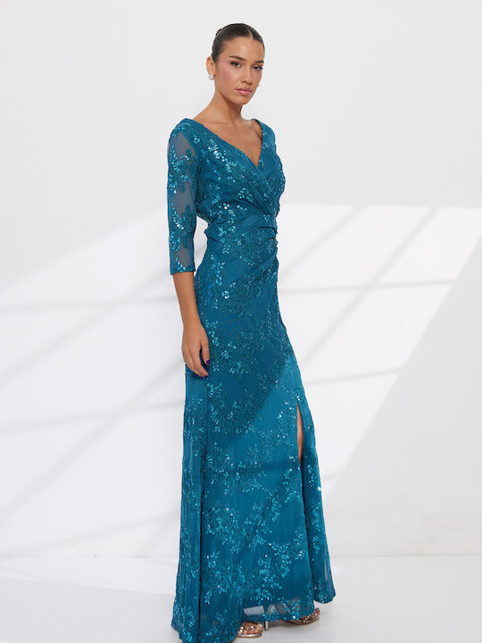 Rochie de Vară Maxi de Seară Rochie-cămașă Satin cu Dantelă Petrol