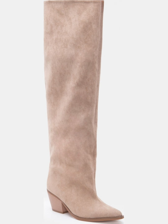 Suede Women's Cowboy Boots with Mid Heel Beige