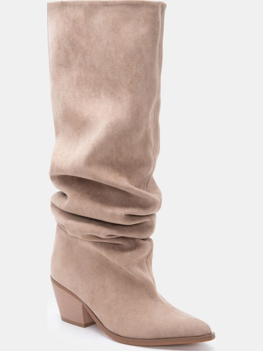 Suede Women's Cowboy Boots with Mid Heel Beige
