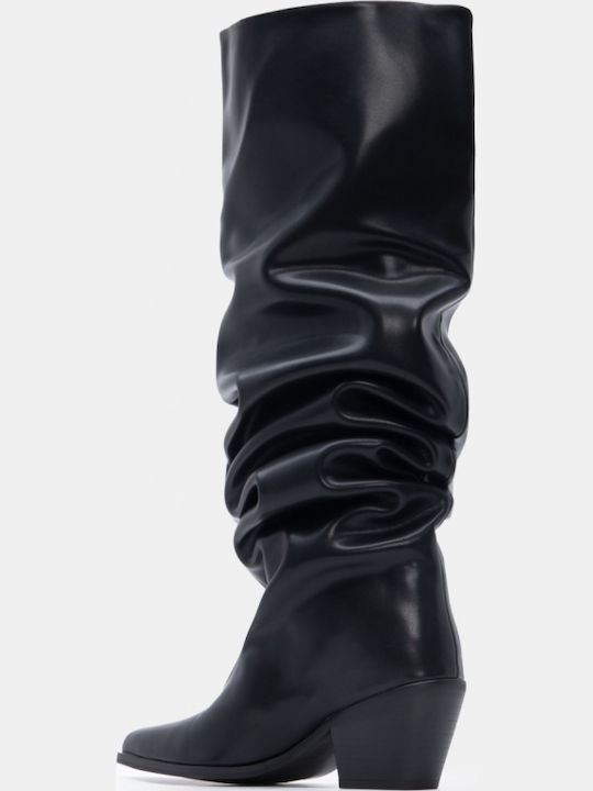 Wildleder Damenstiefel Cowboy mit Mittelhohem Absatz Schwarz