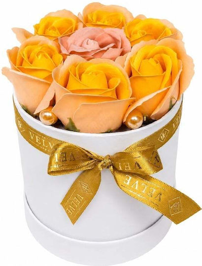 Aranjament Floral Dublu Colorat Glamour 7 Trandafiri Săpun Bicolor În Cutie Rotundă 16x11 Cm Portocaliu-Roz