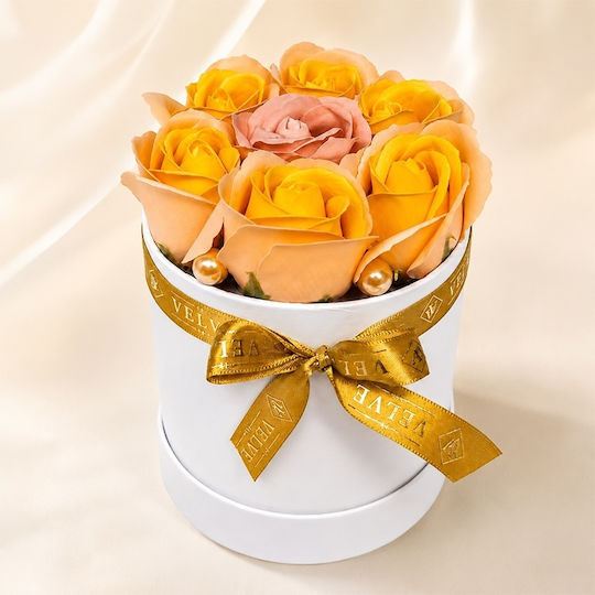 Aranjament Floral Dublu Colorat Glamour 7 Trandafiri Săpun Bicolor În Cutie Rotundă 16x11 Cm Portocaliu-Roz