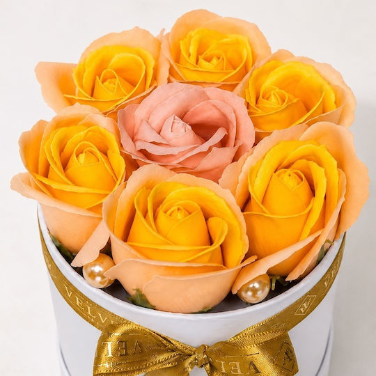 Aranjament Floral Dublu Colorat Glamour 7 Trandafiri Săpun Bicolor În Cutie Rotundă 16x11 Cm Portocaliu-Roz
