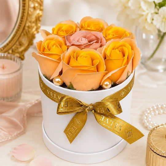 Aranjament Floral Dublu Colorat Glamour 7 Trandafiri Săpun Bicolor În Cutie Rotundă 16x11 Cm Portocaliu-Roz