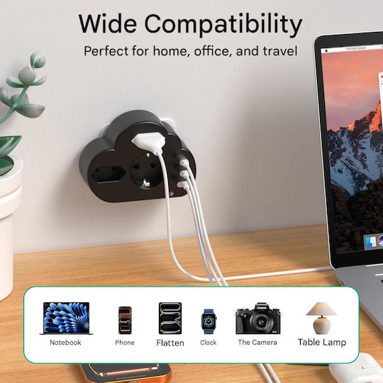 Hafino 6-in-1 Priză multiplă Un singur soclu 3 poziții cu USB-A și 1 USB-C Maro