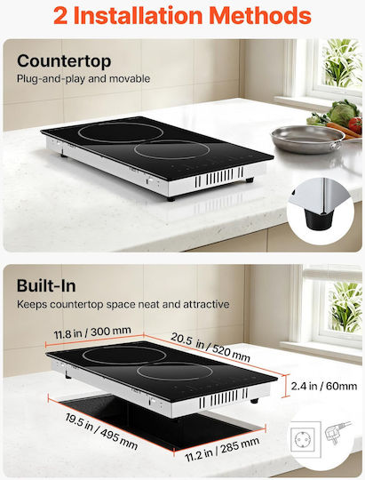 Domino Ceramic Autonomous Cooktop with Lock Mode 30x52cm