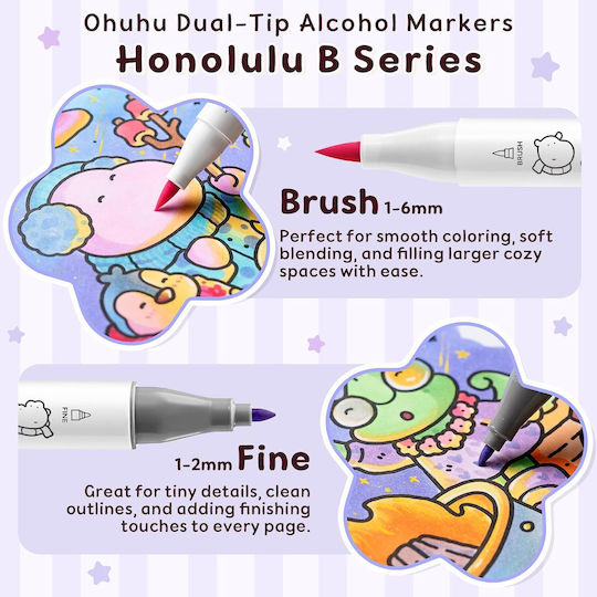 Ohuhu Honolulu B Culori Vibrante Markere de Desen cu Alcool Subțiri Set 48 Culori