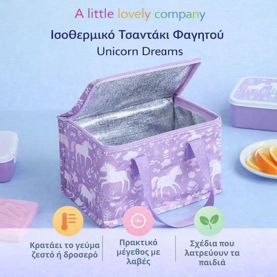 A Little Lovely Company School Insulated Handheld Lunch Bag 5.5lt Lilac Unicorns 16x16x23cm