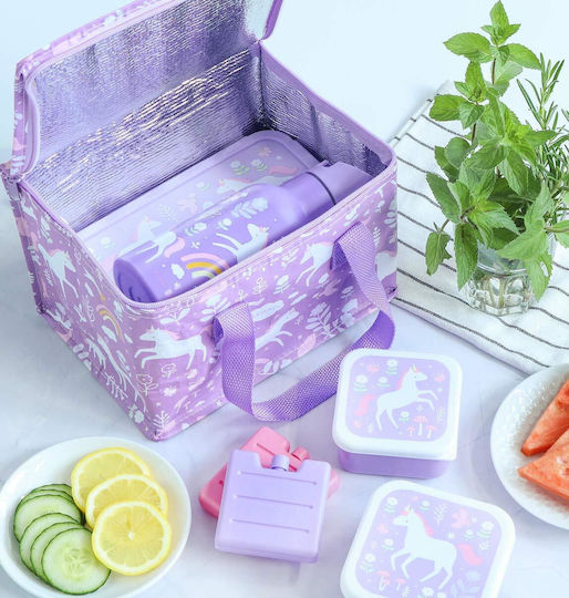 A Little Lovely Company School Insulated Handheld Lunch Bag 5.5lt Lilac Unicorns 16x16x23cm