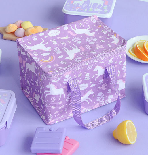 A Little Lovely Company School Insulated Handheld Lunch Bag 5.5lt Lilac Unicorns 16x16x23cm