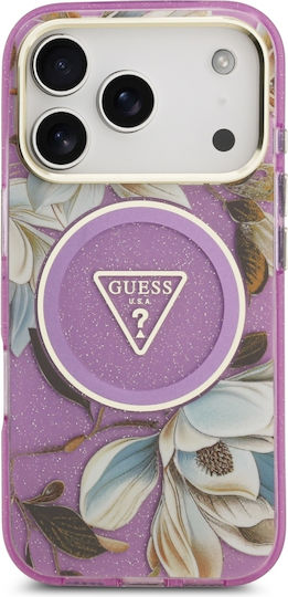 Guess Iml Glitter Flowers Triangle Magsafe Case Iphone 18 Pro 17 Pro Purple