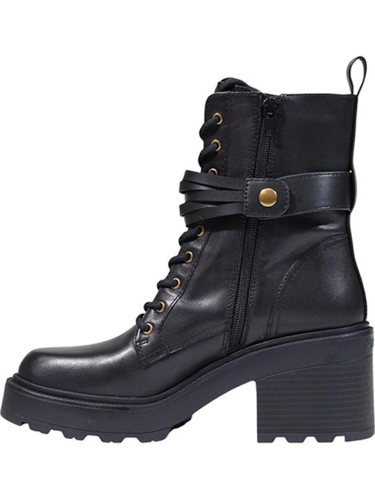 Leder Damen Stiefeletten mit Mittelhohem Absatz Schwarz